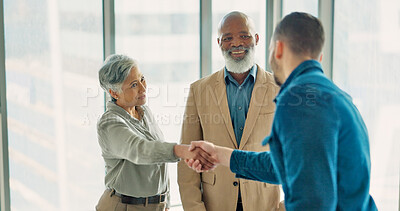 Handshake, welcome and thank you with business people in office after interview with manager. Shaking hands, diversity and b2b partnership, collaboration or happy business deal, success and teamwork