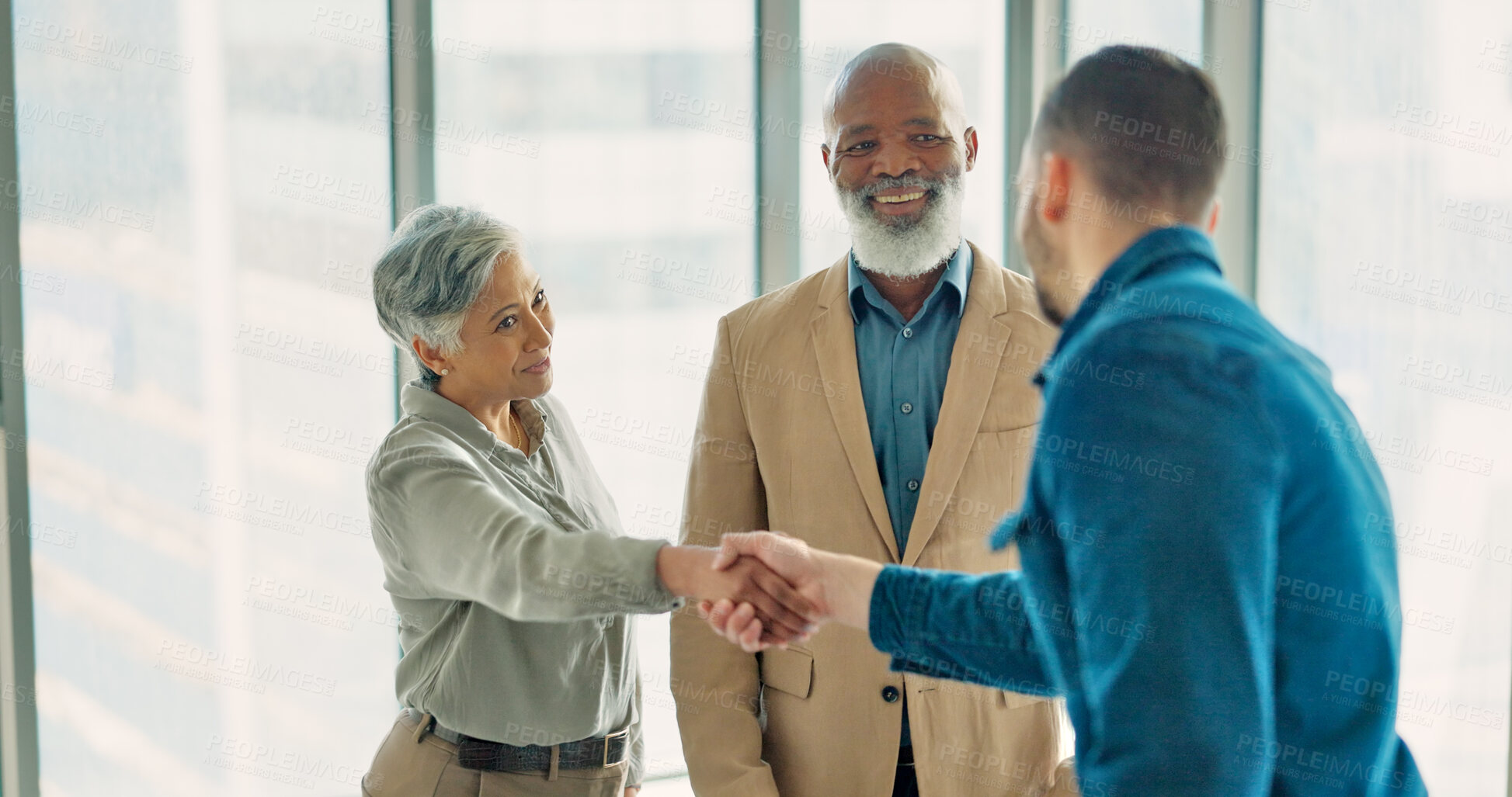 Buy stock photo Welcome, business people and handshake in meeting with thank you in office, interview or manager onboarding employee. B2b, shaking hands or happy partnership or collaboration with teamwork success