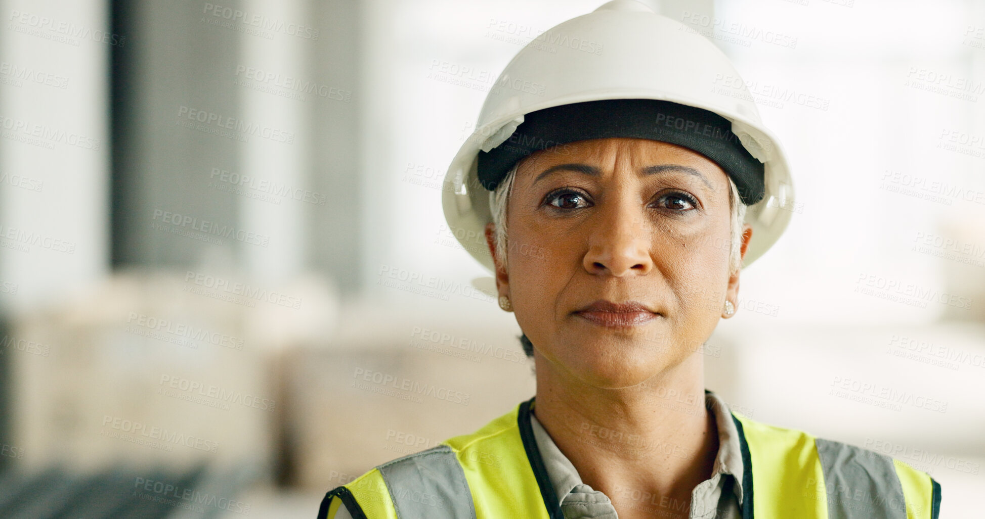 Buy stock photo Serious, industry and portrait of woman engineer with confidence at indoor building site. Industrial, project management and senior female construction worker or contractor for maintenance inspection