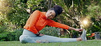 Stretching, calm and breathing woman on grass in park or nature environment for fitness workout session. Wellness and health lifestyle of sports person doing muscle relax exercise sitting on ground