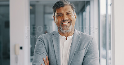 CEO, face or senior businessman with leadership, success mindset or corporate experience in office building. Mentor, portrait or happy Indian manager director with career goals, vision or motivation