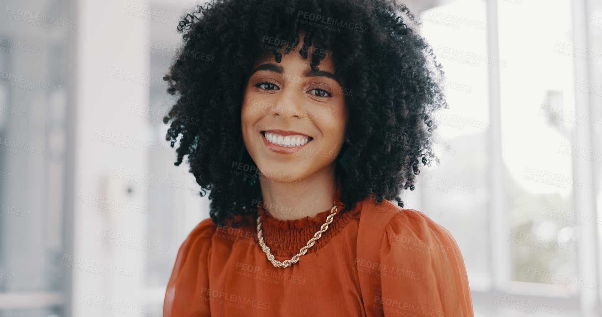 Buy stock photo Happy, smile and portrait of woman in office with positive attitude, success and confidence. Pride, professional and face of young female creative designer from Colombia in modern workplace.