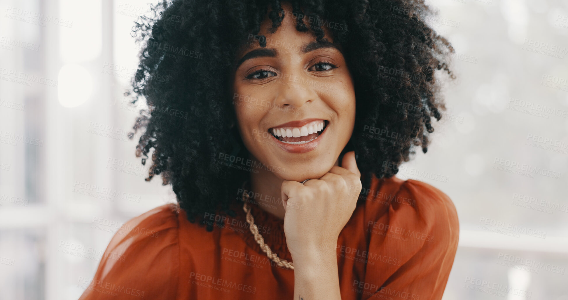 Buy stock photo Happy, confidence and portrait of businesswoman in the office with positive, good and success attitude. Smile, pride and headshot of professional female designer from Colombia sitting in workplace.