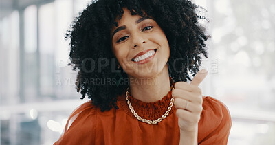 Happy, office and black woman thumbs up for business achievement, target goals success or emoji hand sign. Employee congratulations, worker and portrait of African manager girl with thumb up feedback