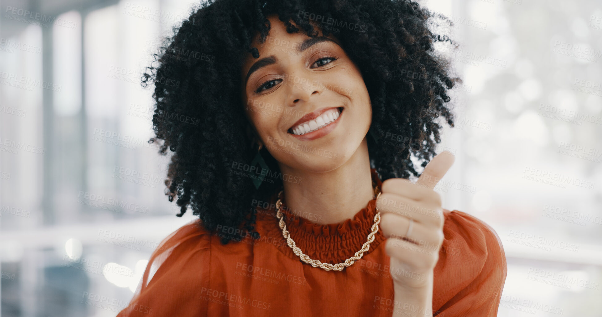 Buy stock photo Portrait, smile and thumbs up with a business woman in the office for support, motivation or feedback. Face, success and thank you with a happy young employee in the workplace to gesture a yes emoji