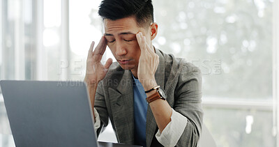 Asian businessman, headache or tired face in communication office, laptop or marketing company. Man, computer and mental health with burnout, target or kpi at digital marketing agency on web in Tokyo
