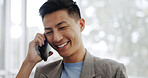 Phone call, communication and Asian business man talking, speaking and chat to mobile contact. Digital smartphone conversation, discussion and employee happy, laughing and networking in Japan office