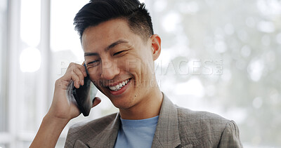 Phone call, communication and Asian business man talking, speaking and chat to mobile contact. Digital smartphone conversation, discussion and employee happy, laughing and networking in Japan office