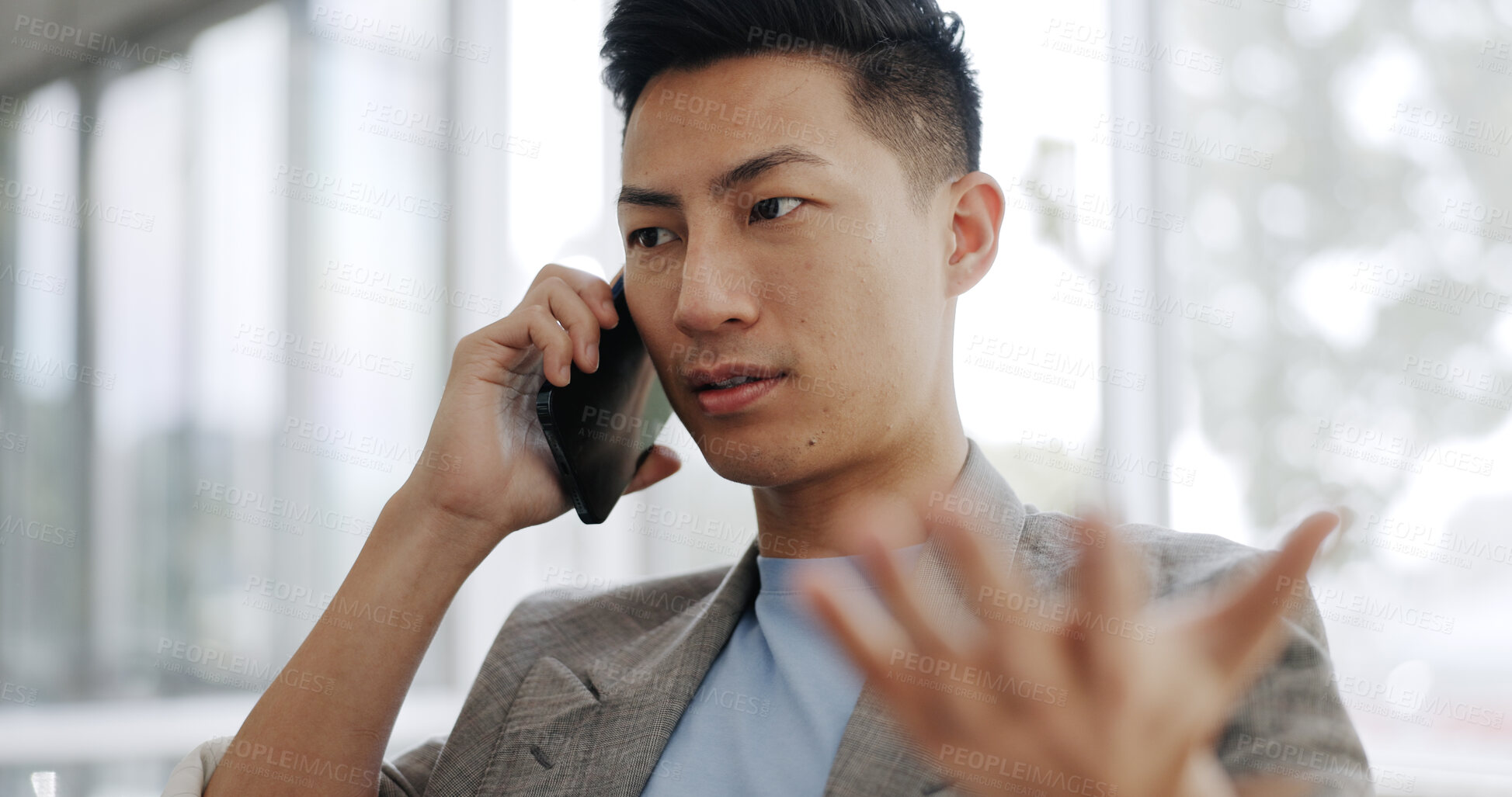 Buy stock photo Phone call, frustrated and negotiation with business man for consulting, communication and planning. Fail, project deadline and contact with Asian person in office for review, feedback and crisis