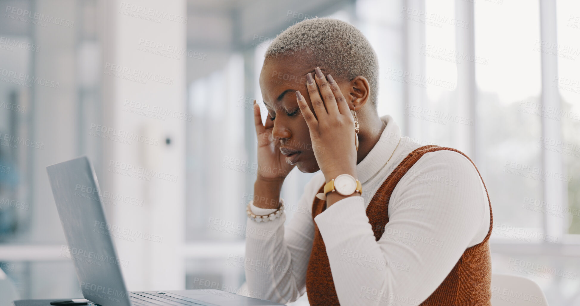 Buy stock photo Stress headache, laptop and frustrated black woman in office with debt, audit or tax problem. Exhausted, fatigue and tired girl with pain, burnout and anxiety for time management crisis at computer.