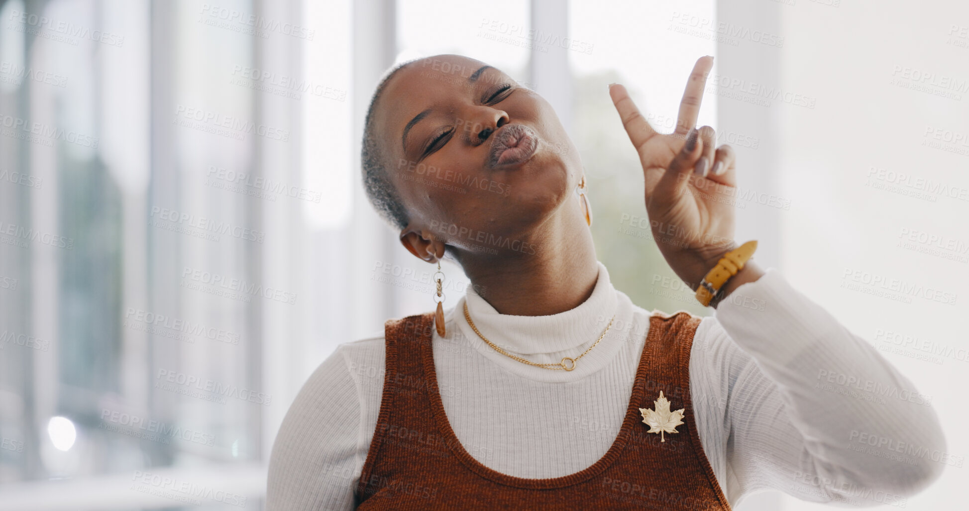 Buy stock photo Black woman, peace sign and happy employee with success in African startup company in Nigeria. Happiness, motivation and excited young worker in a business with positive energy in office kiss