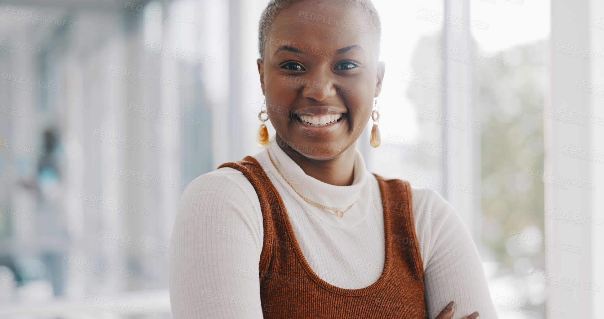 Buy stock photo Happy, pride and portrait of black woman in office with positive, good and confident attitude. Smile, creative career and professional young African female designer from Mexico in modern workplace.