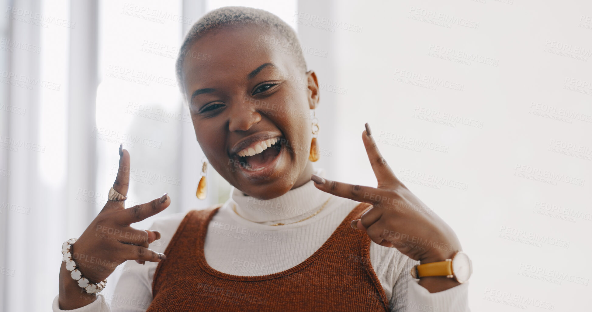 Buy stock photo Peace sign, smile and portrait of black woman in office with happiness, success and confidence. Goofy, happy and face of professional young African female designer with hipster gesture in workplace.