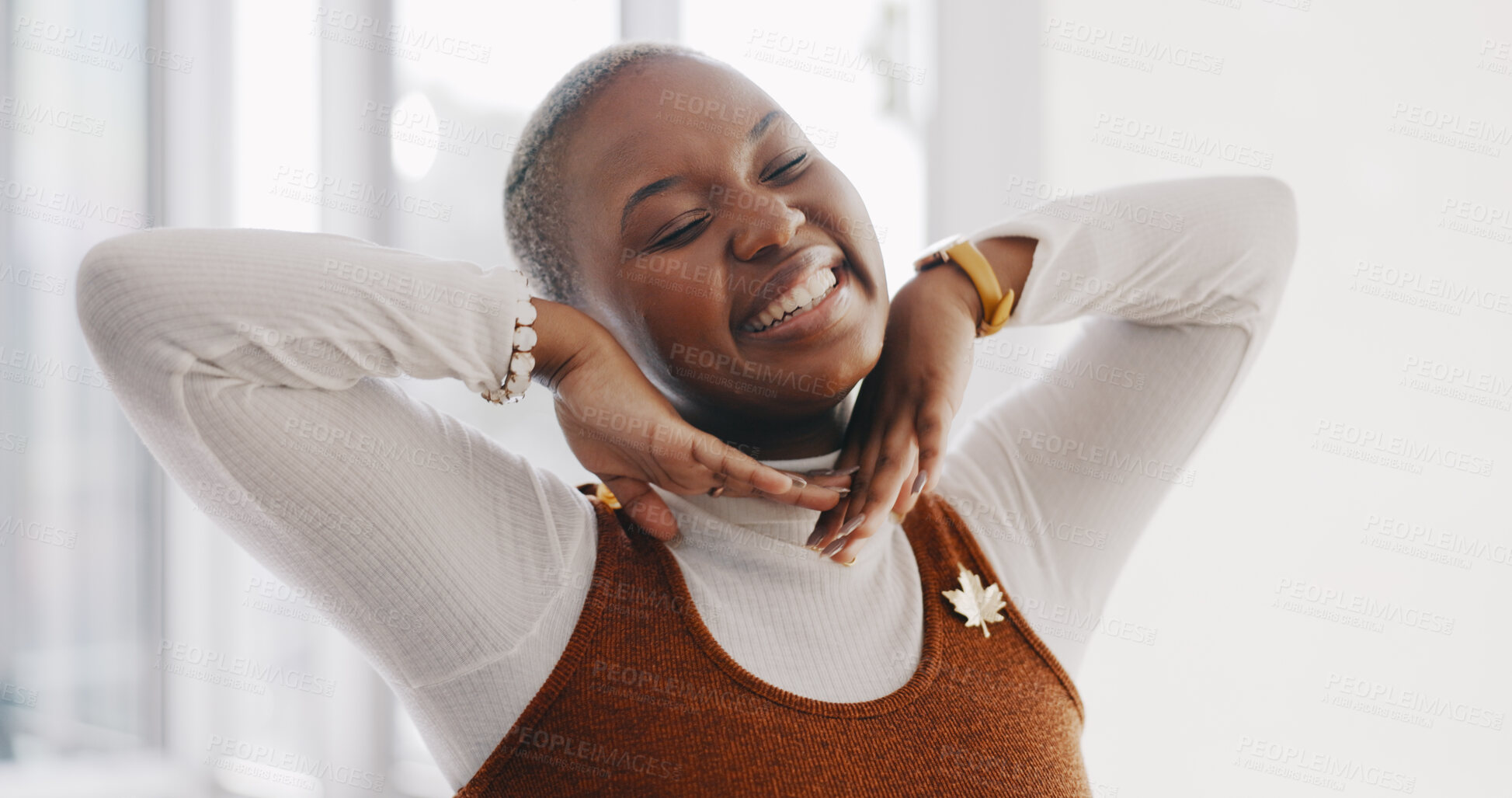 Buy stock photo Black woman, face and excited employee with success in African startup company in Nigeria with growth. Happiness, motivation and happy young worker in a business with positive energy in office