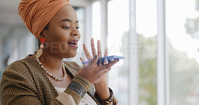 Black woman, face and phone call, speaker phone and communication with networking, negotiation and virtual meeting. Business woman, professional with smartphone for corporate call or telemarketing.