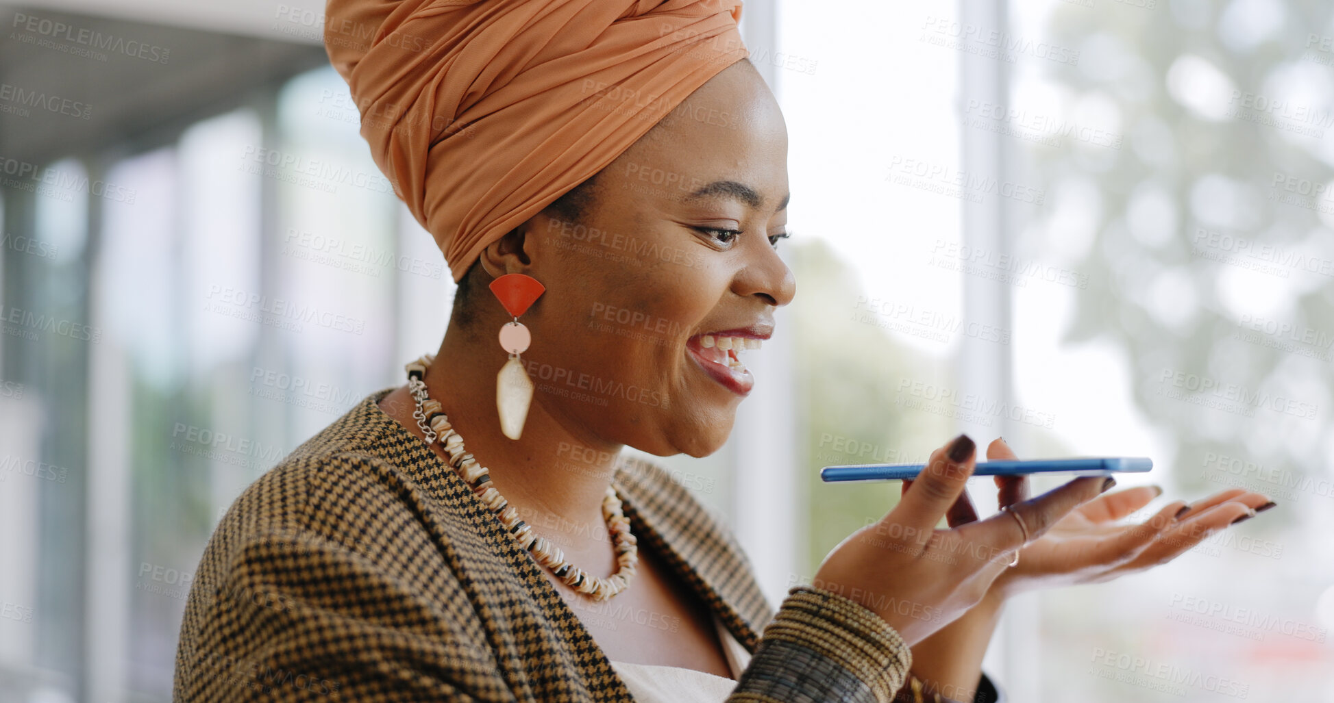 Buy stock photo Phone, happy black woman and voice chat in office, conversation and business discussion. Smartphone call, recording audio and African professional talk on loudspeaker, assistant and communication