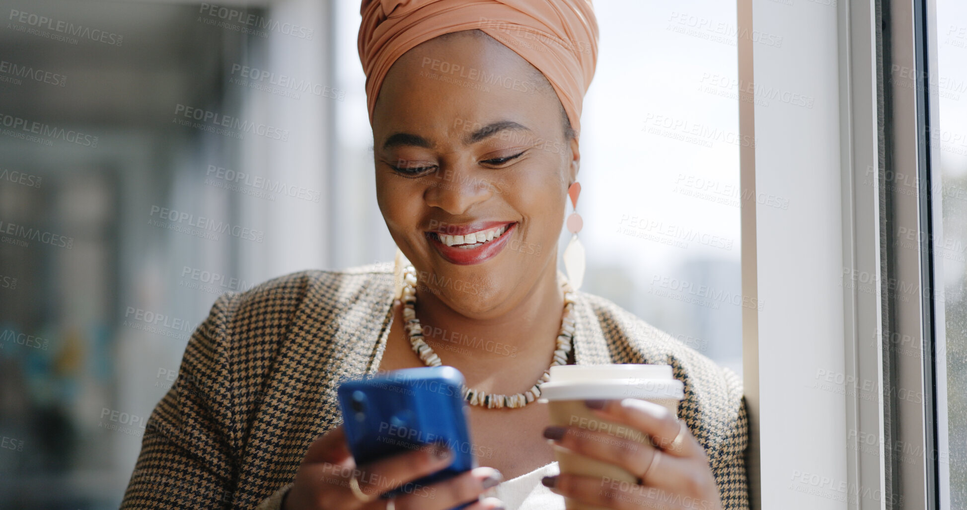 Buy stock photo Corporate, phone and business black woman in office for communication, email or online chat. Creative agency, professional and worker with coffee on smartphone for internet, planning and social media