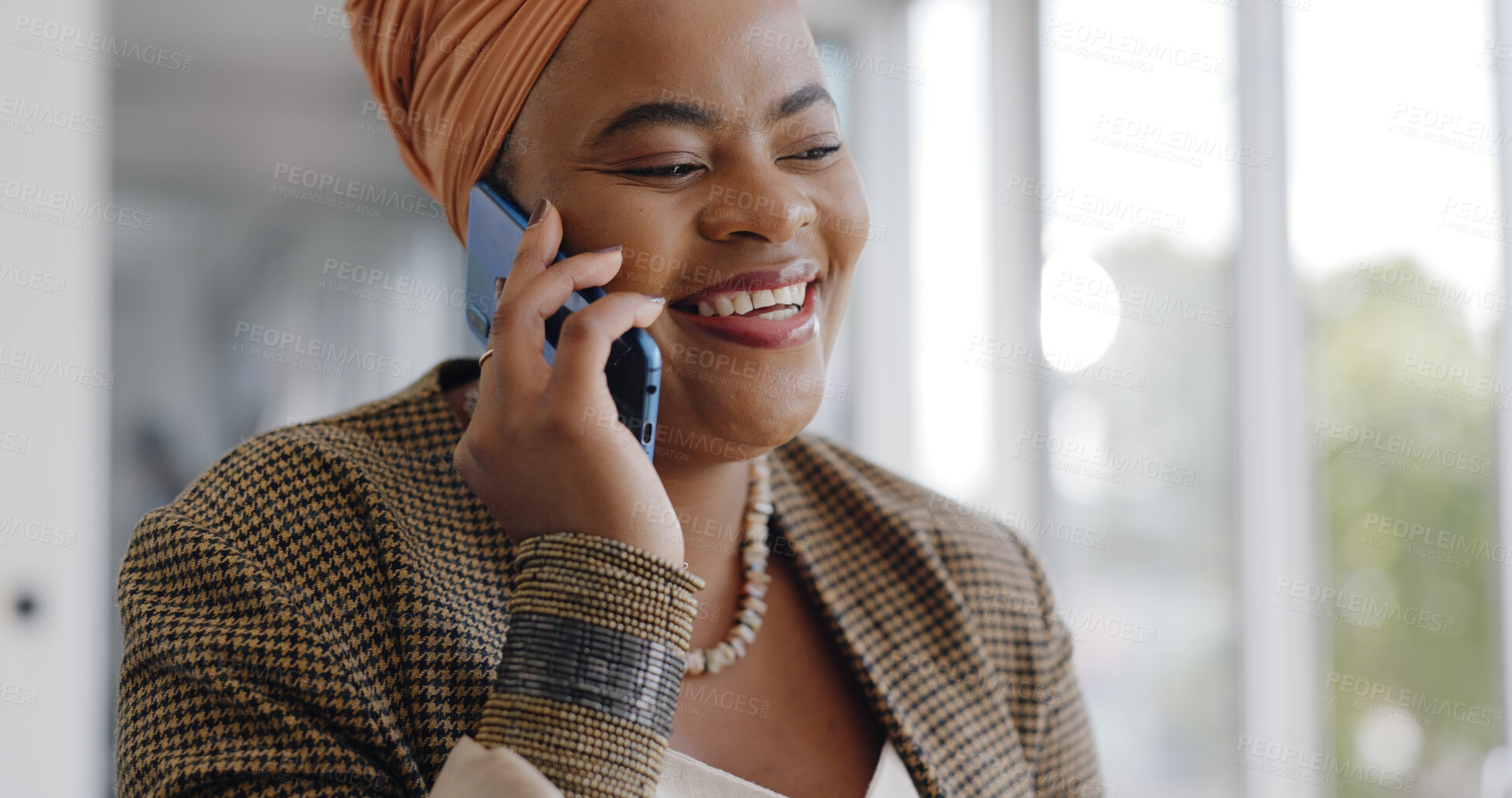 Buy stock photo Business, happy black woman and phone call, conversation and discussion in office. Smartphone, smile and African consultant talking to contact, listening to news or networking in online communication