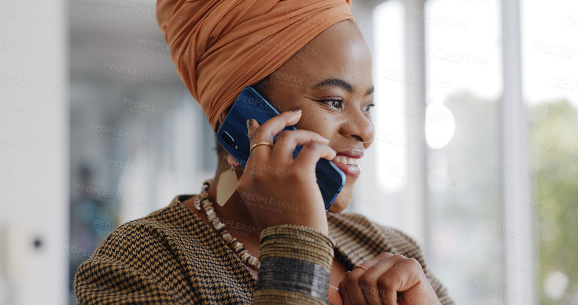 Buy stock photo Smile, black woman and phone call, business conversation and discussion in office. Smartphone, happy and African consultant talking to contact, listening to news or networking in online communication