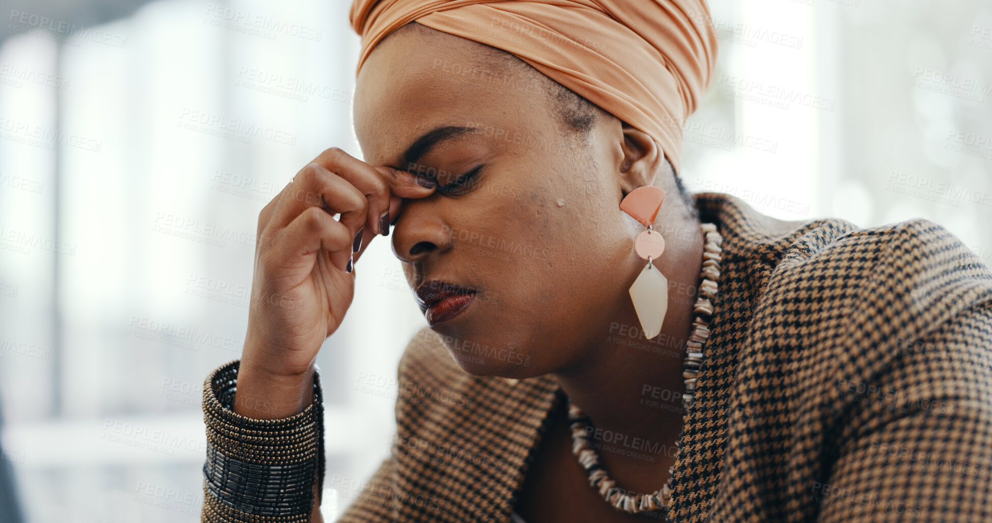 Buy stock photo Stress, headache and tired black woman in office, exhausted with debt, audit or tax problem. Frustrated, fatigue and businesswoman in pain, burnout and anxiety for time management crisis at workplace