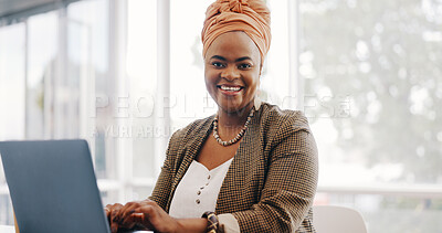 Portrait, face or black woman in office building with a happy smile working on email marketing online at desk. Human resources, startup or African worker in with motivation, goals or success mindset