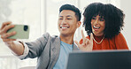 Phone, selfie and business people with peace in office for teamwork, collaboration and friendly workspace. Success, diversity and Asian man and black woman with smartphone, peace sign and smile