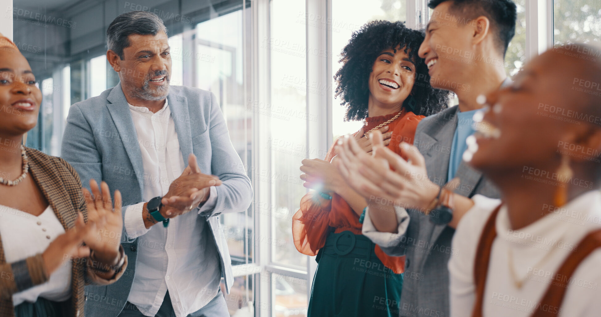 Buy stock photo Happy creative people, diversity and applause for team promotion, achievement or success together at office. Group of employees clapping in congratulations, support or collaboration for startup