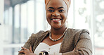 Portrait, face or black woman in office building with a happy smile working on email marketing online at desk. Human resources, startup or African worker in with motivation, goals or success mindset