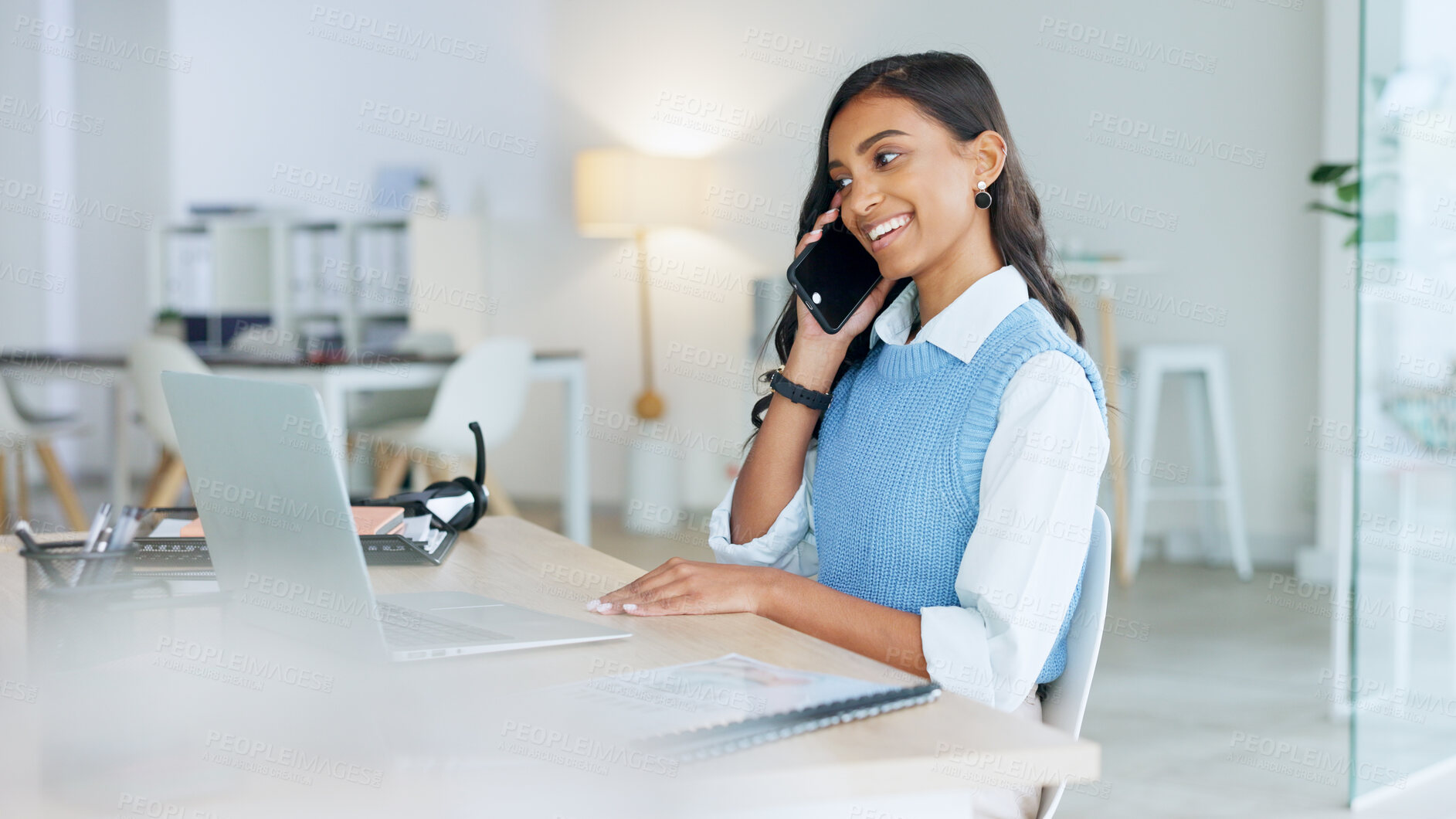 Buy stock photo Business, woman, phone and worker in a office with networking and a smile for call center work. Entrepreneur, female person and mobile communication of telemarketer with customer support at desk