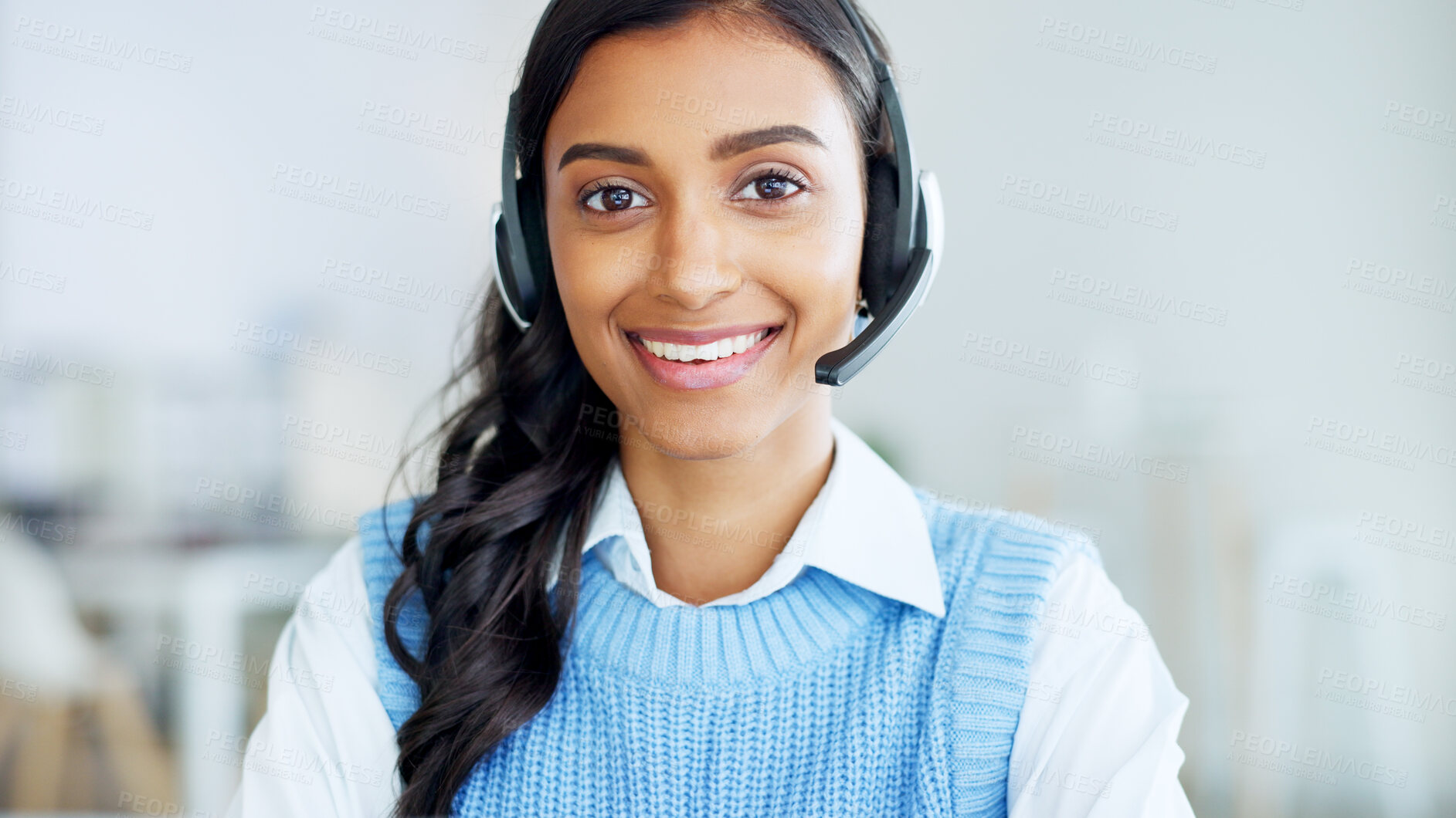 Buy stock photo Woman, portrait and communication in call center office for customer service, FAQ advisory or IT questions. Face of happy indian telemarketing agent, virtual assistant and CRM contact with microphone