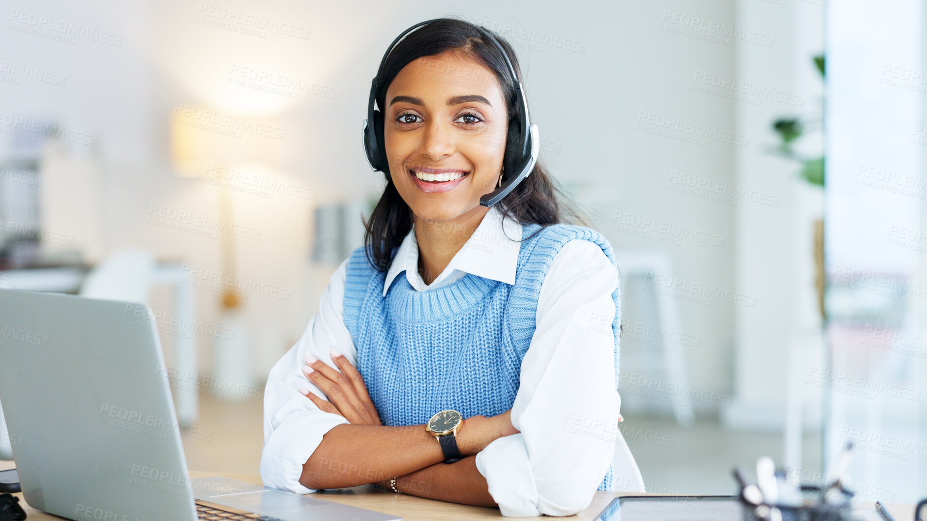 Buy stock photo Business woman, crm and portrait in a office with consultant networking and telemarketing for call center. Entrepreneur, female person and online communication with customer support and consulting