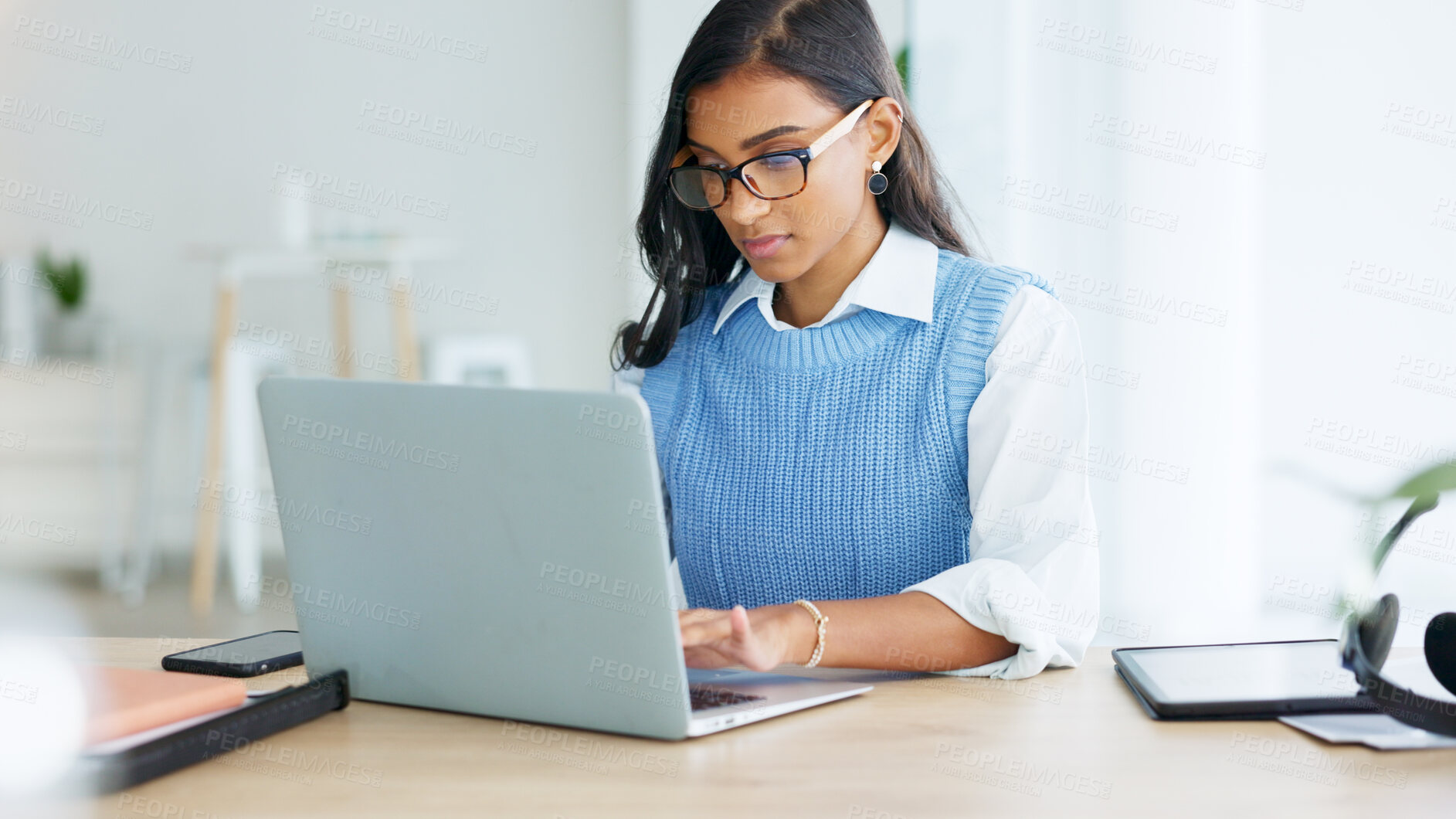 Buy stock photo Woman in office with laptop, glasses and typing email, report or business feedback for website at desk. Networking, communication and technology, businesswoman with computer for internet research.