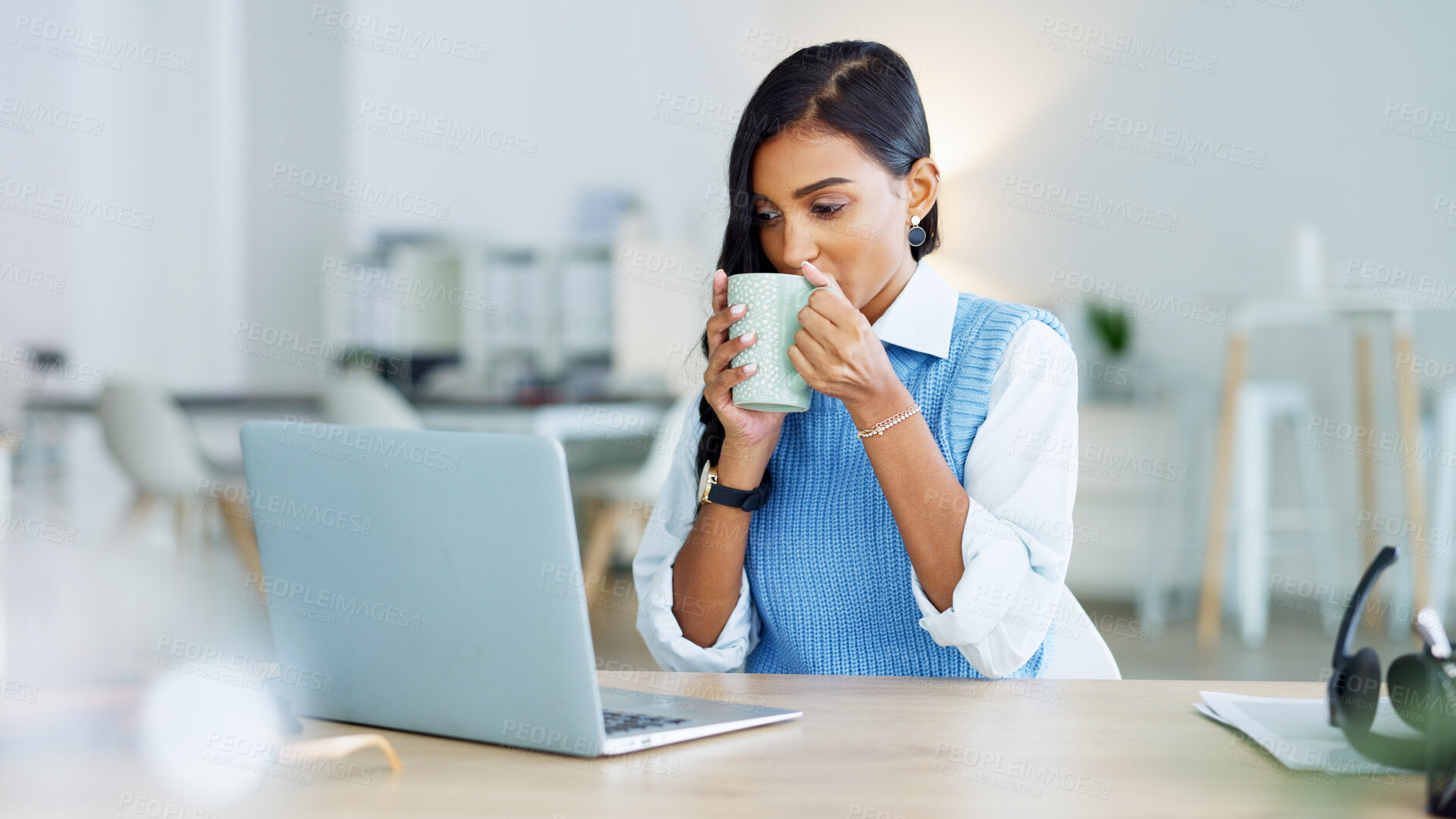 Buy stock photo Woman in office with laptop, coffee and reading email, online report or business feedback on website at desk. Networking, technology and relax with drink, businesswoman at computer on internet search