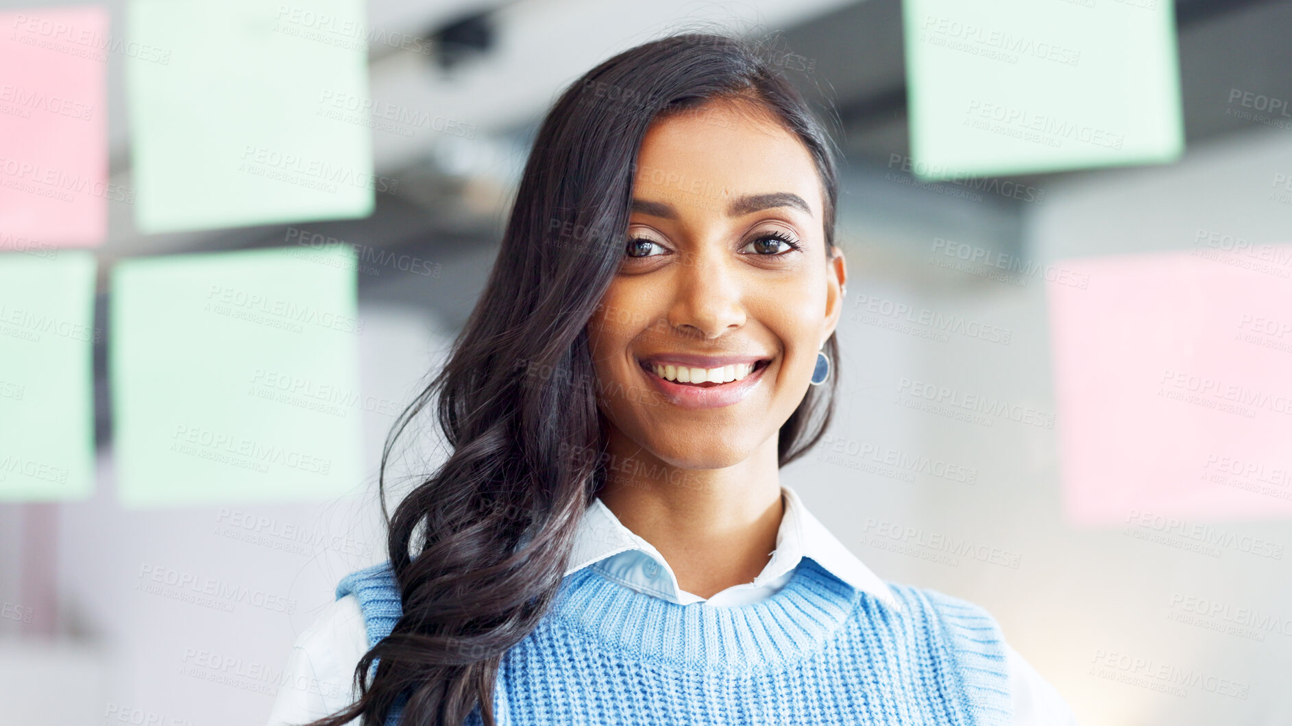 Buy stock photo Portrait, smile and business woman on glass wall in office, company or creative startup workplace. Face, happy professional designer and Indian entrepreneur, employee and worker confident in career