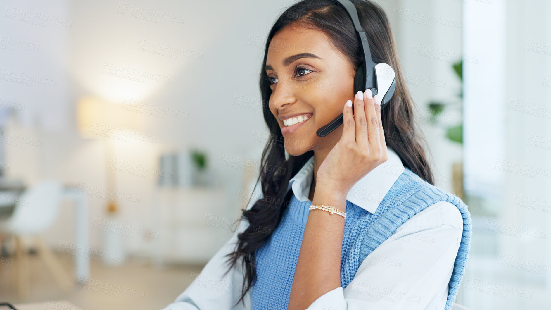 Buy stock photo Business woman, crm headset and conversation in office with networking and telemarketing for call center. Entrepreneur, female person and consultant communication with customer support and consulting