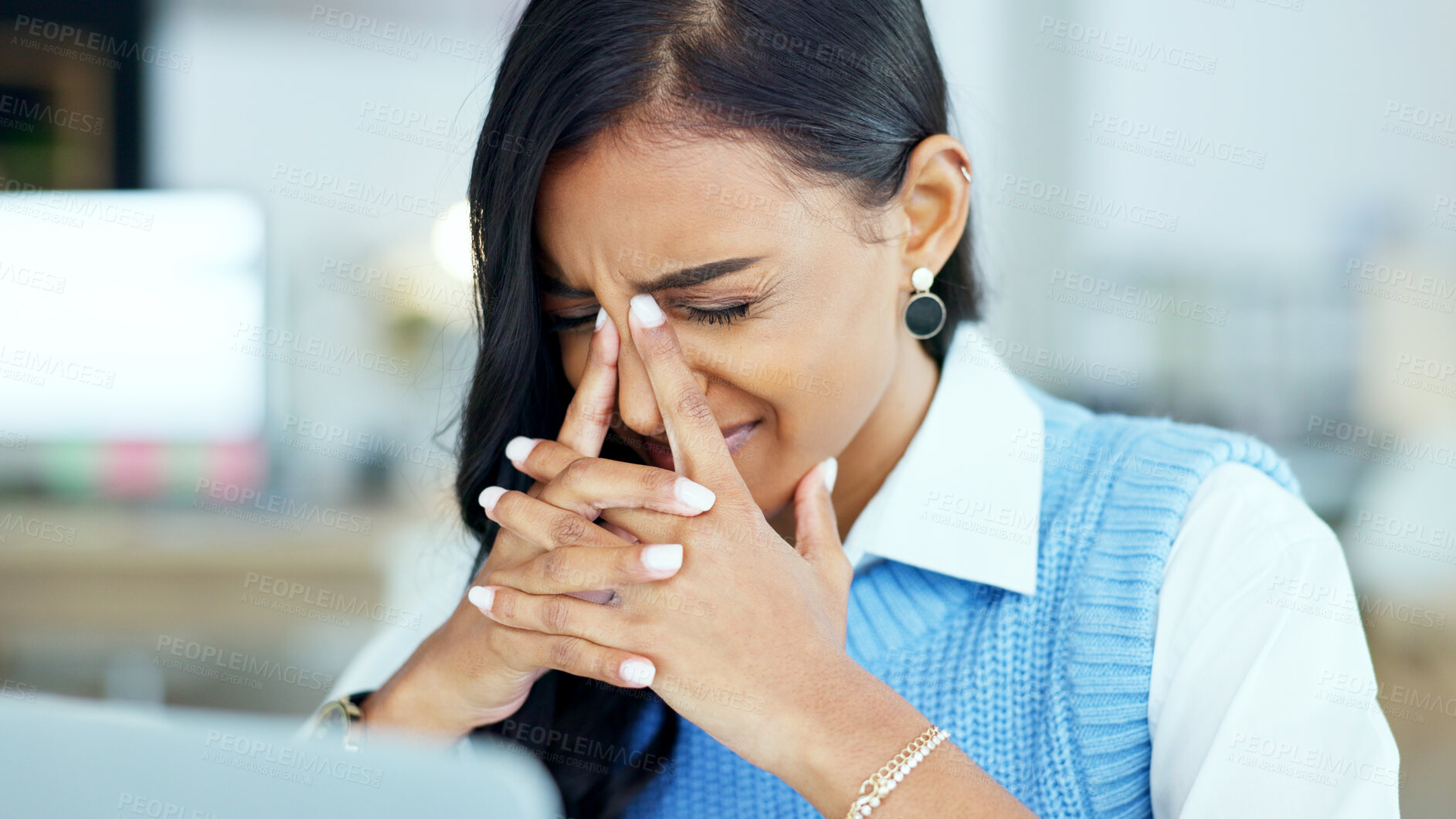 Buy stock photo Burnout, stress and business woman with headache in office with pain, problem or workload pressure. Startup, fail and female manager with anxiety, migraine or frustrated by tax, audit or review