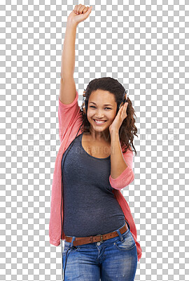 Portrait, music and woman with headphones in studio isolated on a png background mock up. Face, dance and happy female with headset streaming, listening or enjoying podcast, radio or audio song.