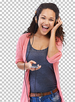 A Portrait, music headphones and woman with phone in studio Cellphone, face and happy female with wooden headset streaming, listening or enjoying podcast, radio or audio isolated on a png background
