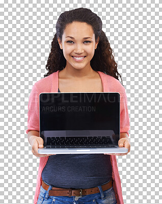 Woman, laptop and mockup with portrait smile, technology and internet, wireless connection against isolated on a png background. Happy woman, pc marketing and digital with website and tech product placement