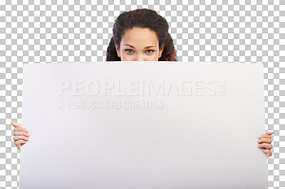 Black woman, blank board and empty sign with eyes peeking in studio for sales marketing, advertising and company news mockup banner. African girl, peekaboo and design signage in isolated on a png background