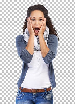 A Woman shock with hands on face for news, announcement or broadcast of sale in studio. Omg, wow and surprise black woman with fashion discount, promotion or gossip in a portrait isolated on a png background