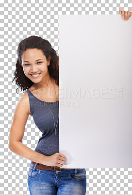 A Black woman, portrait and mockup with advertising poster and smile with empty promo placard. Happy, young and optimistic girl holding poster mockup in white studio for marketing campaign isolated on a png background