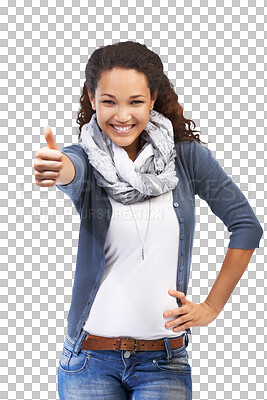 Thumbs up, success and portrait of woman. Ok hand gesture, like emoji and happy female model with thumbsup for motivation, support or approval, thank you or agreement isolated on a png background