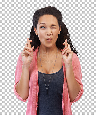 Wink, hope and fingers crossed with a black woman wishing for luck. Thinking, idea and wish with an attractive female feeling lucky with a hand sign or gesture isolated on a png background