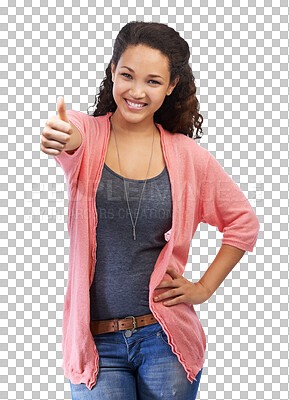 Black woman, portrait and thumbs up hand sign for support, thank you and yes for approval isolated on a png background. Smile and happy face of a young female model with like emoji for motivation and trust