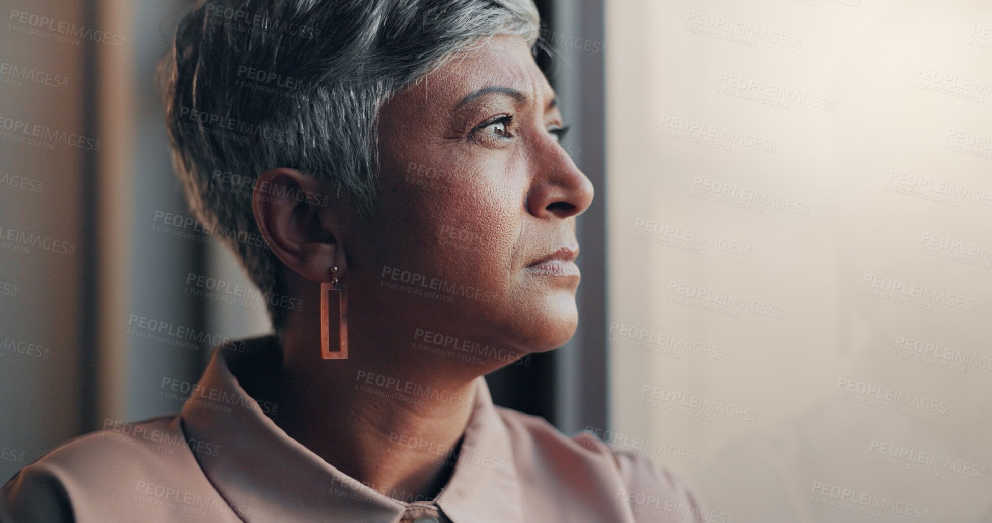 Buy stock photo Window, thinking and senior woman with business, sad and mental health with lonely feeling. Old person, employee and entrepreneur with anxiety, memory and remember with stress, bankruptcy and mistake