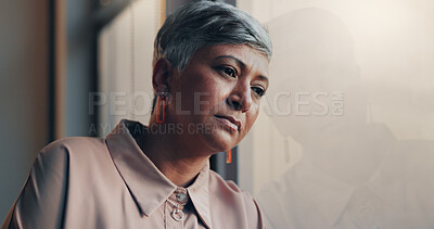 Buy stock photo Window, thinking and senior woman with business, depression and sadness with lonely feeling. Old person, employee and entrepreneur with anxiety, burnout and remember with memory and mental health