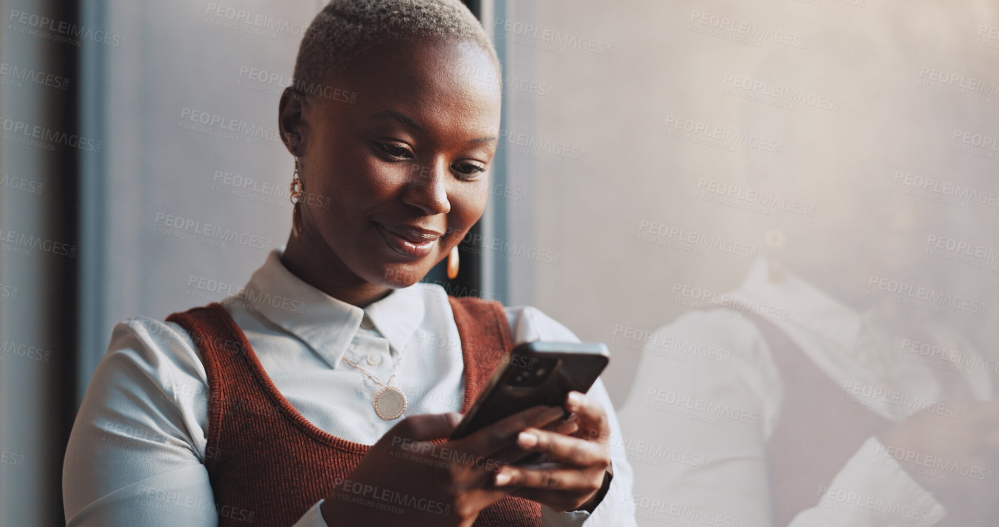 Buy stock photo Phone, social media and communication with a business black woman in the office for networking. Mobile, app and contact with a young employee typing or reading a text message in the workplace