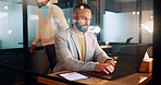 Laptop, typing and man in office writing an email, internet research or performance data report. Technology, communication and startup businessman working on project or networking on computer at desk