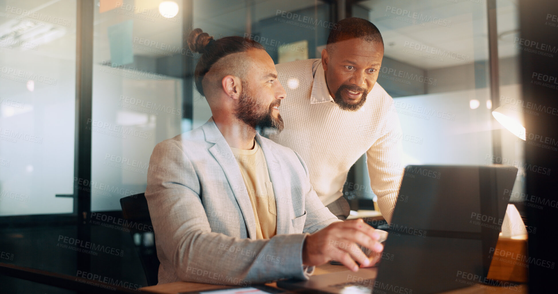 Buy stock photo Laptop, meeting and business people in office for help, advice and collaboration on website. Teamwork, creative agency and men in discussion on computer for online project, research and planning